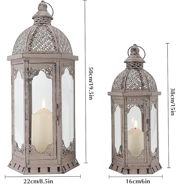 JHY DESIGN Set of 2 Decorative Candle Lanterns 22"&17" H Vintage Metal Candle Holder for Garden Indoor Outdoor Parties Weddings Patio Home Decor(Grey with Black Brush)-Ruum Studio Home