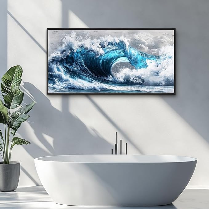 PHAOHUAXM Blue Wave lPaintings Wall Art For Living Room Wall Decor For Bedroom Ocean Inspiration Wall Pictures Office Decor Posters Modern Printing Canvas Artwork Home Decor Black Framed 20x40 In-Ruum Studio Home