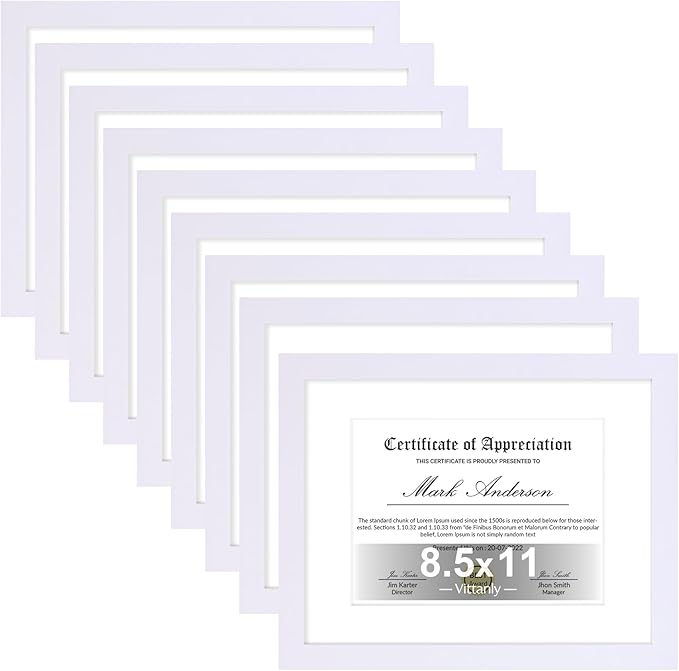 Vittanly 8.5x11 Picture Frames Set of 9, Shatter Resistant Plexiglass, Display 6x8 Pictures with Mat or 8.5x11 without Mat, Photo Frames for Wall or Tabletop, Engineered Wood, White-Ruum Studio Home