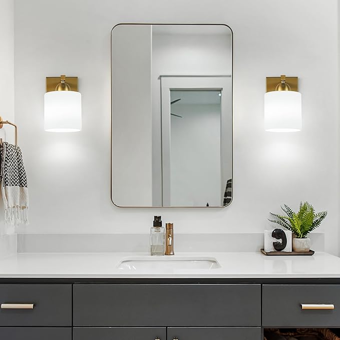 Gold Milk Glass Wall Sconces, 1 Pack Hardwired Indoor Wall Light Fixtures for Living Room, Hallway, Bedroom, Ceramic E26 Sockets (Bulbs Not Included)-Ruum Studio Home