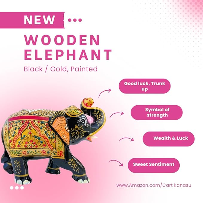 Handcrafted Wooden Elephant Figurine – Traditional Artwork, Gold & Gemstone Embellishments – Lucky Decorative Elephant Statue for Prosperity | Beautiful Elefantes Decorativos para Sala (Black & Gold)-Ruum Studio Home