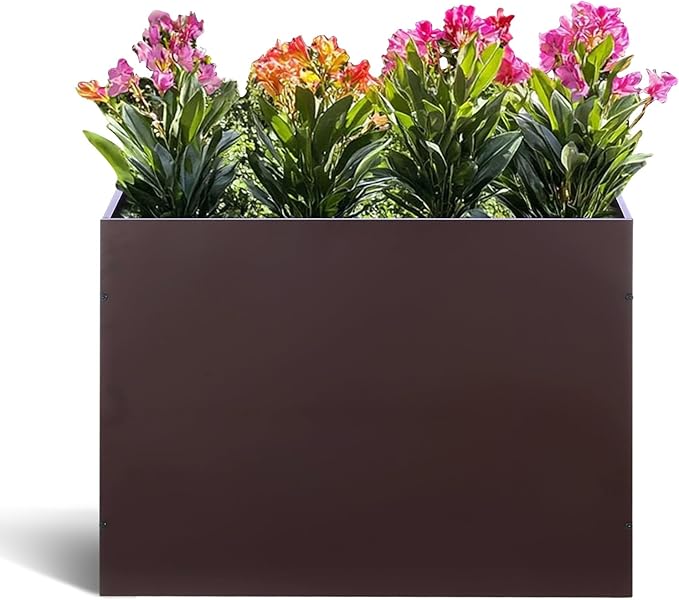 Metal Rectangular Planter Box Tall Planters for Outdoor Plants Modern Heavy Duty with Drainage Holes for Outside Indoor Patio Deck - Brown, 32”x 12”x 24”-Ruum Studio Home