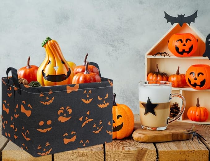 HIYAGON Rectangular Halloween Basket for Boys and Girls Kids Trick or Treat Pumpkin Basket for Halloween Parties Cute Storage Bin Organizer Box Room Decor(Black Pumpkin)-Ruum Studio Home
