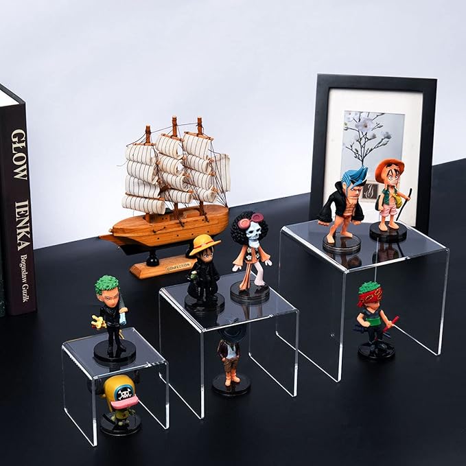 HIIMIEI Clear Acrylic Display Risers 2 Sets, 3-Tier Risers Stands Showcase for Amiibo Funko Pop Figures, Dessert, Jewelry-3"x4"x5"-Ruum Studio Home