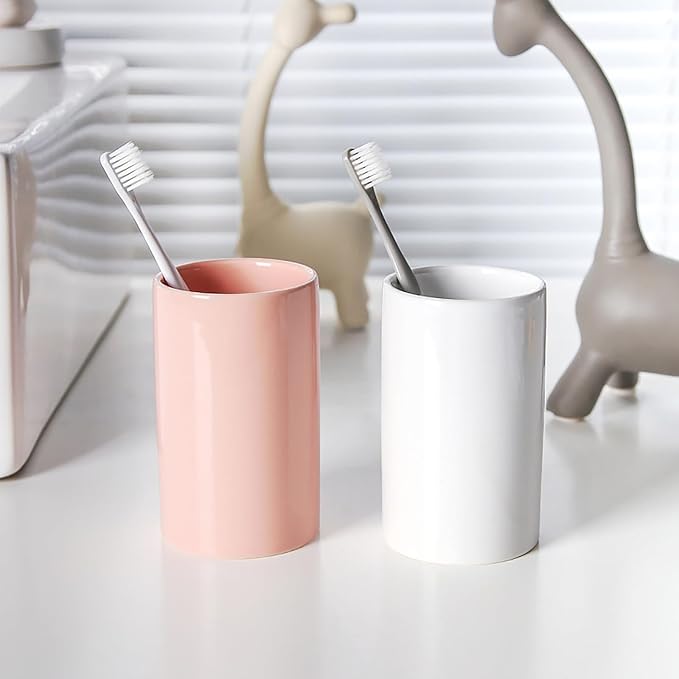 White Ceramic Toothbrush Holder, Tumbler Cups Reusable Toothbrush Mouthwash Cup,Makeup Brush Holder, Bathroom Counter Organizer(300ml)-Ruum Studio Home