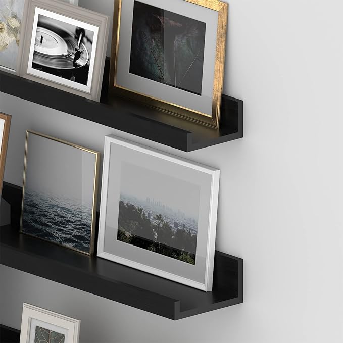 Giftgarden 36 Inch Black Floating Shelves for Wall Woodgrain Picture Ledge Large Photo Shelf for Bedroom Living Room Kitchen Bathroom Storage Shelving, Set of 3 Different Sizes-Ruum Studio Home