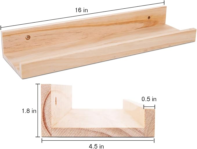 AZSKY Picture Ledge Shelf, Small Floating Shelves Set of 2, 16 Inches Nursery Book Shelves for Toys Storage, Kids Bookshelf Wall Mounted for Living Room Bedroom Decor Books Photo Frames,Natural-Ruum Studio Home
