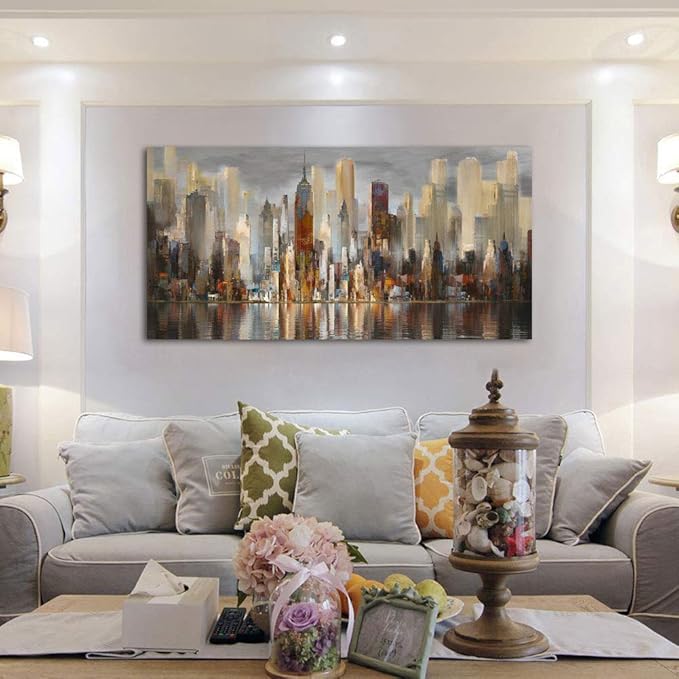 Wall Decorations Framed Large Cityscape New York Wall Decor Canvas Prints Abstract Brown City Theme Paintings Modern Canvas Wall Art for Living Room Bedroom Big Size 29x58-Ruum Studio Home