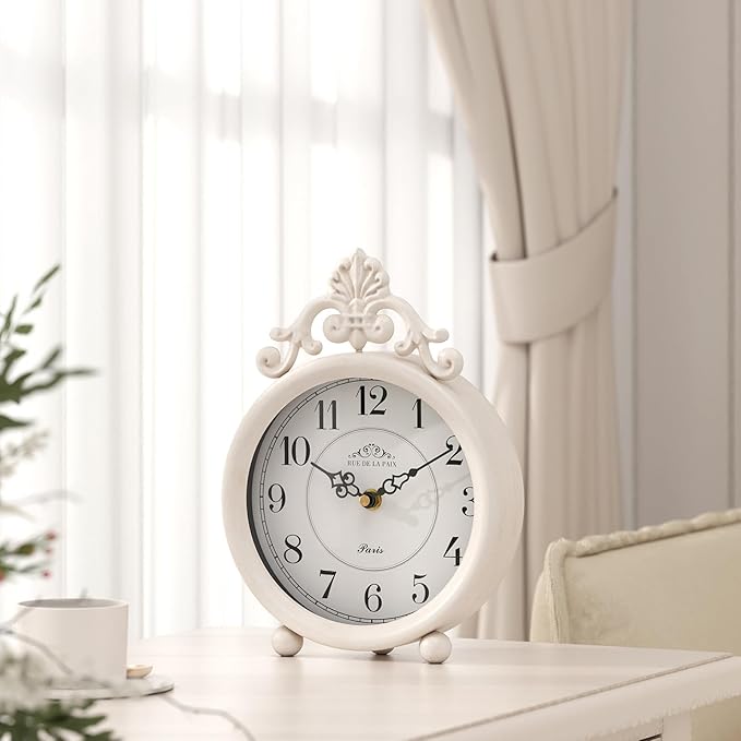 Vintage White Table Clock, Desk and Shelf Mantel Clock, French Rustic Antique Style Decor Clocks, for Farmhouse, Bedroom, Living Room, Bedside, Gift (9" H x 6.3" W)-Ruum Studio Home
