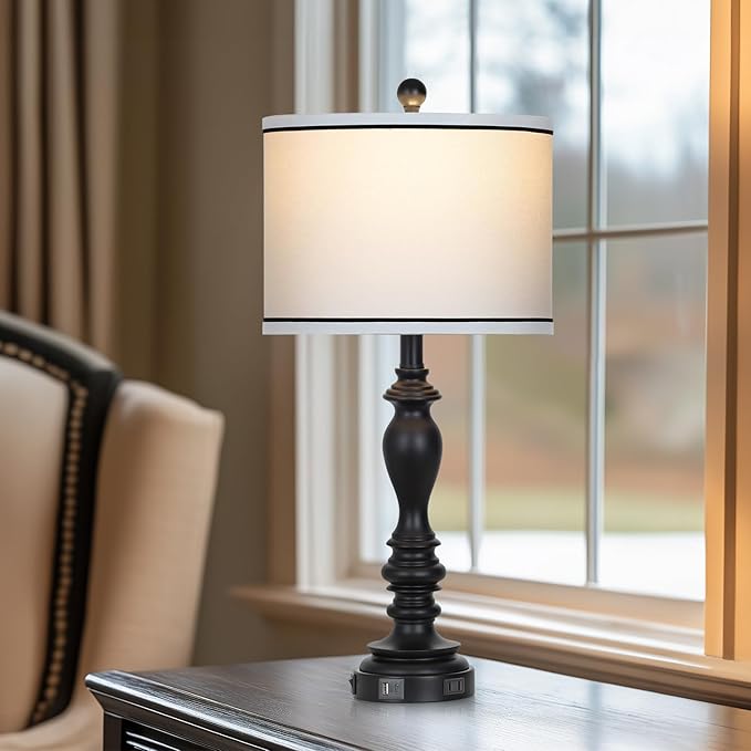 27.5" Farmhouse Table Lamp for Living Room, Black Lamps Set of 2 with USB A+C Ports, Mid Century Tall Table Lamp for Bedroom, Bedside Lamps for Night Stands(2 Bulbs Included)-Ruum Studio Home