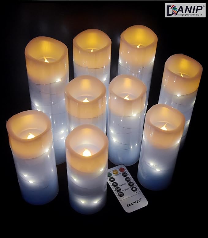 Sky Blue Flameless Candle, with Built-in Star Clusters, 9 LED Candles, 11 Button Remote Control, 24-Hour Cycle Timing, Flashing Flames, Real Wax, Battery Powered. (Full Sky Star Series)…-Ruum Studio Home