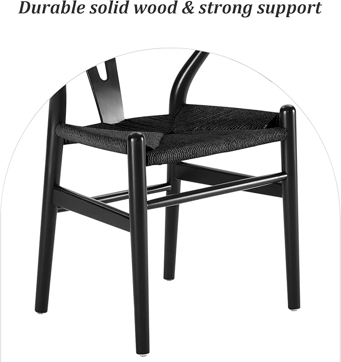 Wishbone Chair, Solid Wood Armrest Woven Seat Chair, Kitchen & Dining Chair, Wishbone Y Black Chairs - Set of 1 (Ash Wood - Black)-Ruum Studio Home