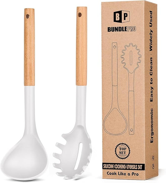 Silicone Pasta Fork and Ladle Spoon Set with Wooden Handle, Heat Resistant Non Stick Kitchen Utensils for Cooking, Stirring, Serving Spaghetti, Soup, Sauce(WHITE)-Ruum Studio Home