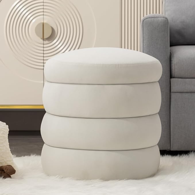 Furniliving Modern Round Ottoman, Soft Bedroom Ottoman Footstool Round Ottomans Stool for Living Room, Bedroom, Makeup Room, White, Velvet-Ruum Studio Home