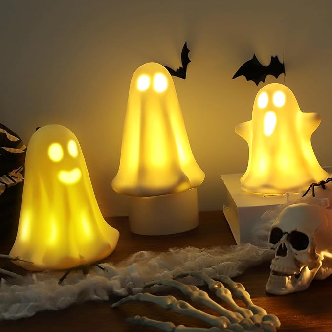 [Timer] Light Up Ghost Halloween Decor, 3 Pcs Ceramic Halloween Ghost Decorations Indoor, Cute White Ghost Figurines Statue for Indoor Decor Home Table (A)-Ruum Studio Home