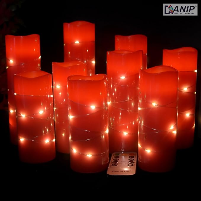 danip red flameless Candle, Built-in Star Cluster, 9 LED Candles, 11 Button Remote Control, 24-Hour Cycle Timer, Flashing Flame, Real Wax, Battery Powered. (Starry Sky Series)-Ruum Studio Home
