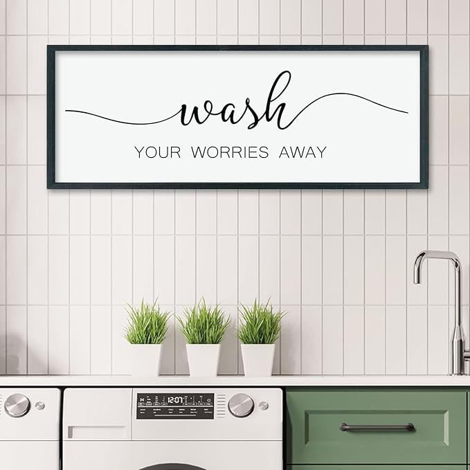 LuZhiQiang Wash Your Worries Away Sign Bathroom Wall Art Decor 40"×15" Large Wood Framed Laundry Room Funny And Artwork Wall Hanging (Black)-Ruum Studio Home