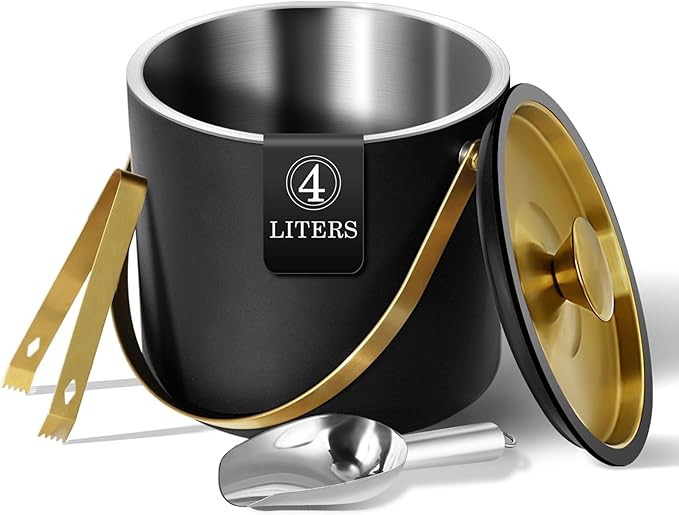 4L Ice Bucket with Silicone Lid, Scoop, Gold Tongs & Strainer, Stainless Steel Double Wall Insulated Ice Buckets for Parties & Cocktail Bar Outdoor Champagne Ice Container Bin, Black-Ruum Studio Home