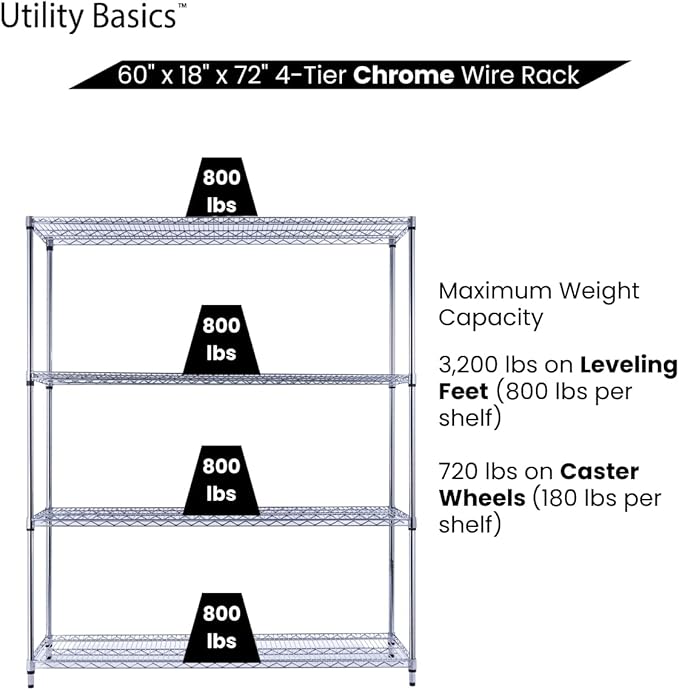60"x18"x72" Chrome Premium Metal Steel Wire Shelving 4-Tier NSF 3200 LBS MAX Capacity Heavy Duty Storage Rack for Garages, Commercial Spaces, Hospitals, & Schools w/Premium Wheels-Ruum Studio Home