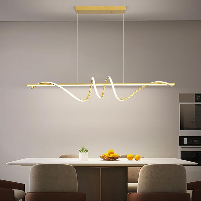 Modern Design Dimmable Desk Linear Pendant Light, with Remote Control Dimmable 3 Color Mode & Brightness Ceiling Lamp, Anti-Flicker Dining Light Fixture for Kitchen, Dining Room (Gold, 47IN)-Ruum Studio Home