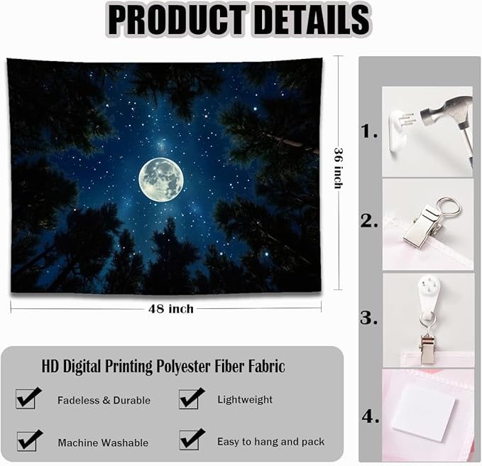 keowhsf Forest Galaxy Tapestry for Bedroom Ceiling - Starry Night Sky with Moon and Trees, Blue Aesthetic Wall Hanging, Milky Way Landscape Backdrop for Living Room and Dorm Decor-Ruum Studio Home