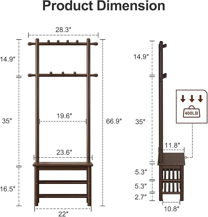 Hall Tree, Coat Rack with Shoe Storage, Wooden Hall Tree with Bench, 11 Hooks and 2-Tier Storage Shelves, Entryway Bench with Coat Rack (23.6" - Deep Walnut)-Ruum Studio Home