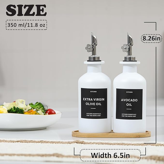 HOMCDALY Olive Oil Dispenser for Kitchen, 11.8oz Glass kitchen Dispenser Bottle, White Oil&Vinegar Cruet Set, Leakproof Oil Bottle for Cooking| Set of 2 (11.8oz – White)-Ruum Studio Home