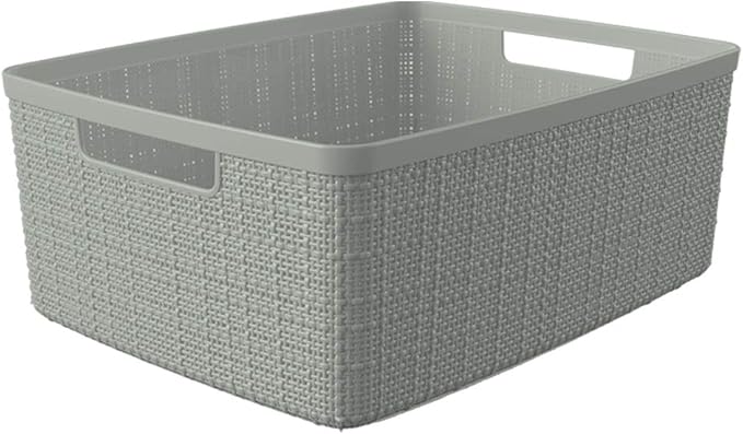 Curver Jute Decorative Plastic Organization and Storage Basket Perfect Bins for Home Office, Closet Shelves, Kitchen Pantry and All Bedroom Essentials, (Set of 6), Grey, Medium-Ruum Studio Home