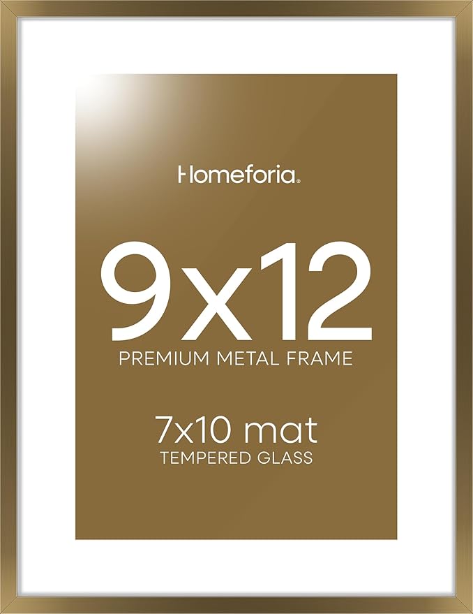 Homeforia 9x12 Frame Bronze, High End Metal 9 x 12 Brass Picture Frames with Mat 7 by 10 inch Photo, 9by12 Poster Frame Matted to 7x10, 12x9 Wall or Tabletop Frames, Tempered Glass, Wall Kit, Set of 1-Ruum Studio Home