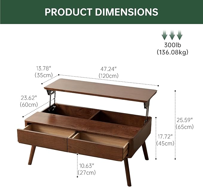 100% Solid Wood Lift Top Coffee Table for Living Room, Mid Century Modern Tables with Drawers and Large Storage, Oak Wood Coffee Tables for Small Spaces (Oak Walnut Color, 47.24"W x 23.62"D x 25.59"H)-Ruum Studio Home
