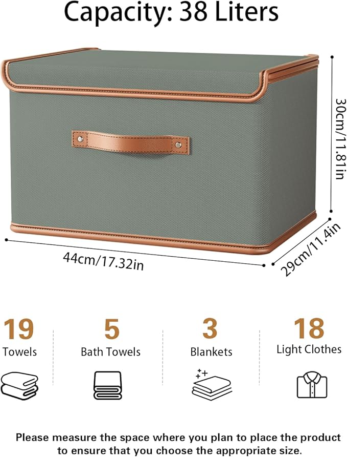 Tuza 2 Pack Storage Bins with Lids, Collapsible Closet Organizer Container, Fabric Organizer Box with Handles, Decorative Storage Boxes with Lids for Organizing Clothes, Blanket, Grey, Large-Ruum Studio Home