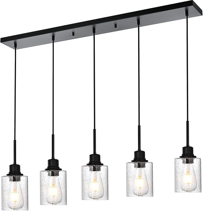 Black Chandelier 5 Light Dining Room Lighting Fixtures Hanging Linear Pendant Lights Industrial Modern Chandelier with Seeded Glass for Kitchen Island Living Room Bedroom Foyer Hall Entryway-Ruum Studio Home