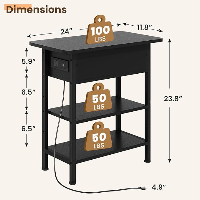 End Table with Charging Station, Flip Top Side Table with USB Ports and Outlets, 3-Tier Small Side Table with Storage for Small Space, End Tables for Living Room/Bedroom, Black-Ruum Studio Home