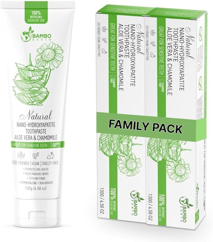 Natural Fluoride Free Toothpaste - Nano Hydroxyapatite, Remineralizing, Sensitive Teeth, Whitening & Zero Waste Tube - Dentist Recommended for Adult & Kids Oral Aloe Vera & Chamomile (2 Pack, Aloe)-Ruum Studio Home