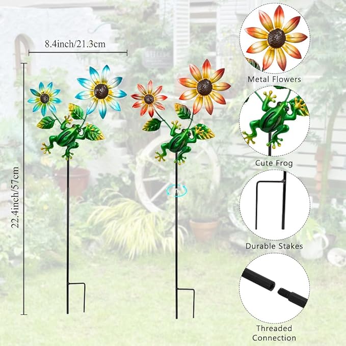 3 Pack Frog＆Flowers Garden Stakes Decor,Metal Yard Art Decorative Garden Stakes,Metal Flowers Spring Outdoor Decor for Mom,Women,Grandma-Ruum Studio Home