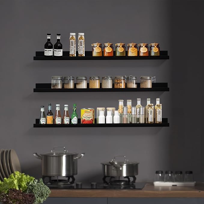 Long Floating Folding Shelves 48 Inch Wood Picture Ledge Shelf with Lip for Wall Black Storage Shelves for Kids Room Photo Shelves Wall Organizer Set of 3 for Bedroom Living Room Bathroom Kitchen-Ruum Studio Home