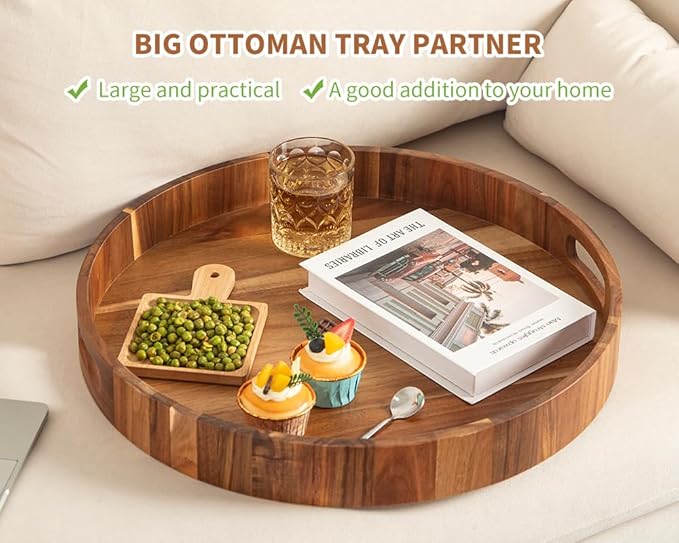 Extra Large Round Ottoman Coffee Table Tray, 22" Big Kitchen Serving Trays for Huge Ottoman Counter Giant Decorative Organizer, Huge Wood Serveware Tray with Built-in Handle for Big Job-Ruum Studio Home