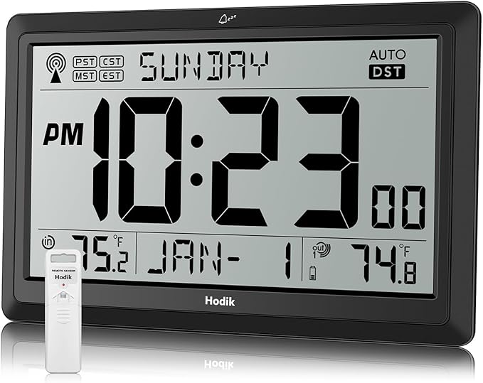 Wall Clock Atomic with Indoor Outdoor Temperature Battery Powered, Easy Reading with 10.5 Inch Large LCD Display, 330FT Range Table Wall Clock with DST, 12/24 Hour for Living Room Kitchen (Black)-Ruum Studio Home