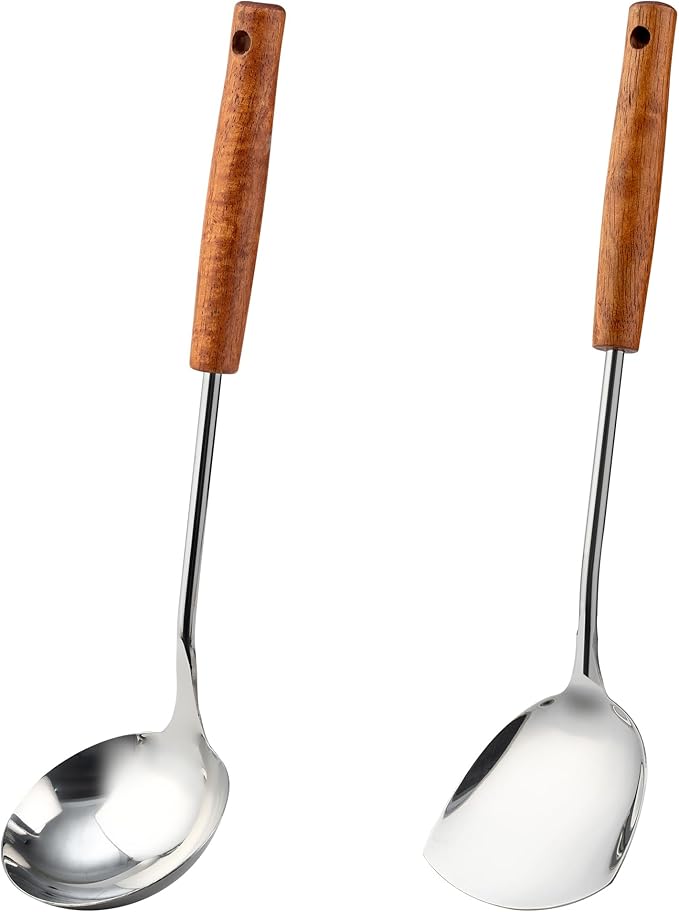 FJNATINH Wok Spatula and Ladle Tool Set - Stainless Steel Wok Tools,Wok Utensil,Mirror Polished Stainless Steel Cooking Utensils 14.6-15.2" Kitchen Utensils Cookware, Pack of 2-Ruum Studio Home