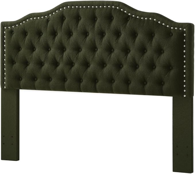 24KF Upholstered Button Tufted Queen Headboard with Nailhead Trim, Elegant Boucle Fabric Full headboard, 6031-Q-Boucle-Dark Green-Ruum Studio Home