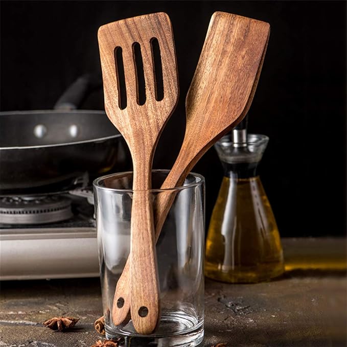7 Pcs Acacia Wood Cooking Utensils Set Large Wooden Spoons for Cooking Spatula Salad Mixing Spoon Non Toxic Utensil for Kitchen Use Spatulas Non Stick Turner Slotted Serving Spoon Kitchen Utensils-Ruum Studio Home