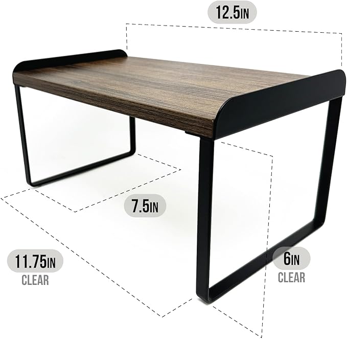 Mitus Shelf Organizer and Storage, Tiered Wood Cabinet Rack for The Kitchen Counter, Bathroom Counter, Pantry Cupboard, Office Desk Bookshelf, 12" Wide Walnut Brown and Black-Ruum Studio Home