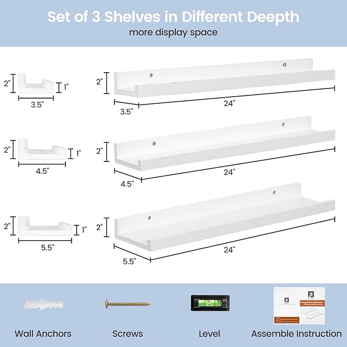 Picture Ledge Shelf for Wall, 24 inches Solid Pine Wood Nursery Book Shelves 3 Packs, Floating Ledge Shelves for Kids' Room Bedroom Bathroom Living Room Photo Frames Office Nursey Wall Decor, White-Ruum Studio Home