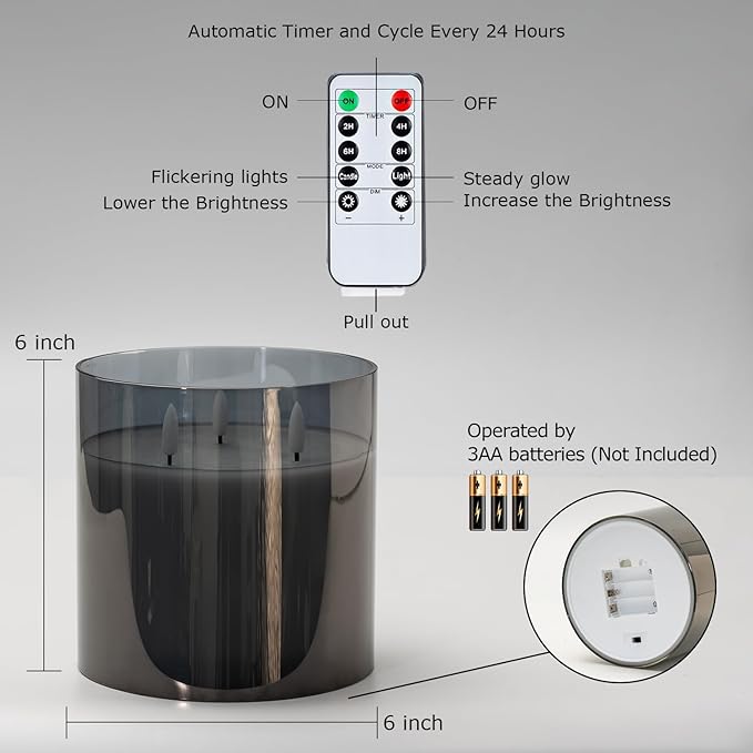 Homemory 6X6'' Extra Large Flameless Candle with 3 Wicks, Glass LED Pillar Candle, Real Wax Battery Operated Candle with Remote Control and Timer, Grey-Ruum Studio Home