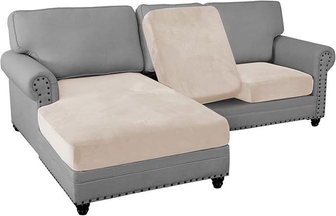 PrinceDeco Sectional Couch Covers 3 Pieces Velvet Sofa Covers L Shape Soft Couch Covers for Sectional Sofa Corner Sofa Cover Couch Cover for Dogs Washable (2 Seater + 1 Chaise,Ivory)-Ruum Studio Home