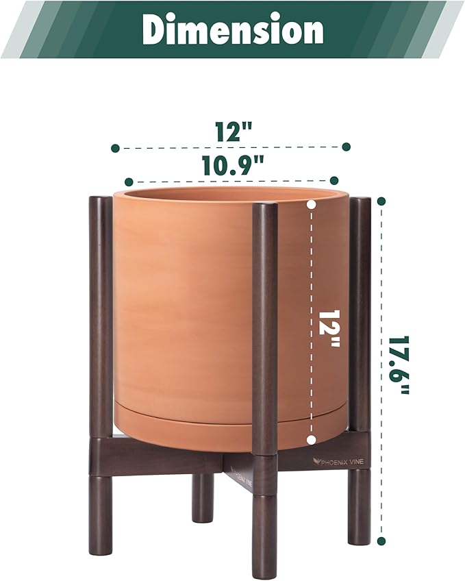D'vine Dev Terracotta Planter with Walnut Color Stand - 12 Inch Modern Round Flower Pot with Wood Planter Holder, Terracotta, 55-B-W-5-Ruum Studio Home