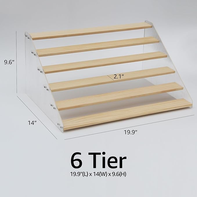 nianfeng Tiered Spice Rack, 6-Tier Spice Pantry Kitchen Cabinet Organizer, 19.9-Inch, Natural Wood Acrylic Stair Riser Stand, Countertop Seasoning Shelf-Ruum Studio Home