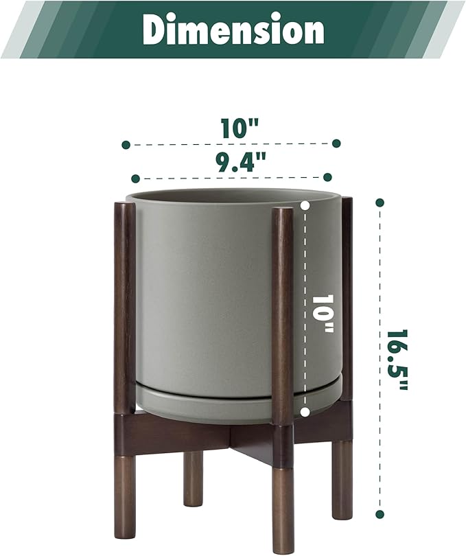 D'vine Dev Ceramic Planter with Walnut Color Stand - 10 Inch Modern Round Flower Pot with Wood Planter Holder, Grey, 55-B-X-3-Ruum Studio Home