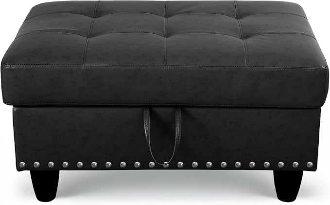 Ottoman Rectangular Storage Ottoman Bench, Faux Leather Footrest, Coffee Table, Stool Footstool with Hinged Lid for Living Room, Bedroom, Entryway, Black, 28.5"x19"x17.5"-Ruum Studio Home