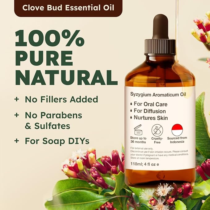 Kukka Clove Oil for Teeth and Gums - 4 Fl Oz - 100% Pure Natural Clove Essential Oil - Steam distilled from Flower Buds for Potency - Perfect Solution for Oral Care, Hair, Diffuser & Soap Making Scent-Ruum Studio Home